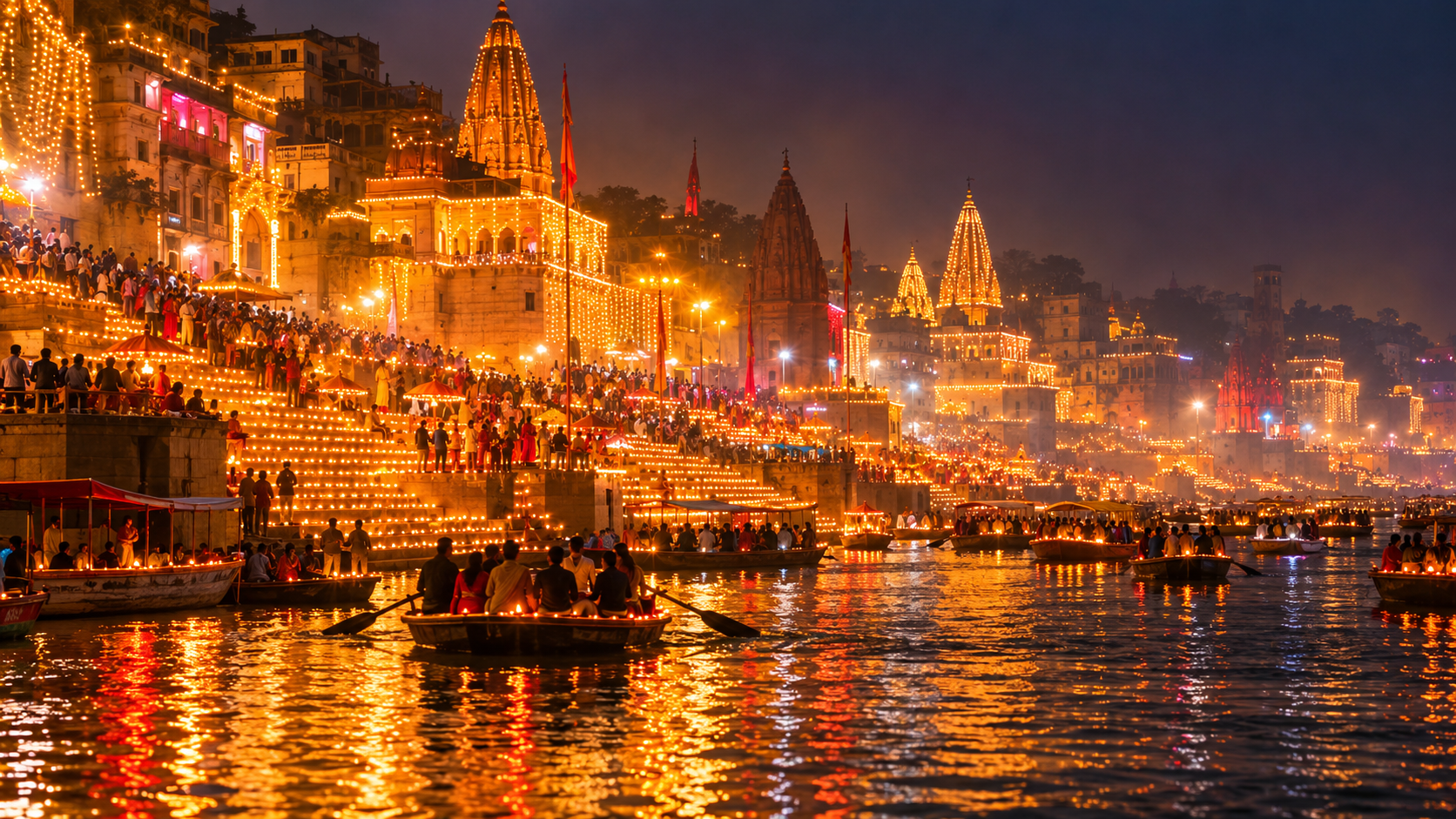 Illuminated ghats and boats on the Ganges during D
